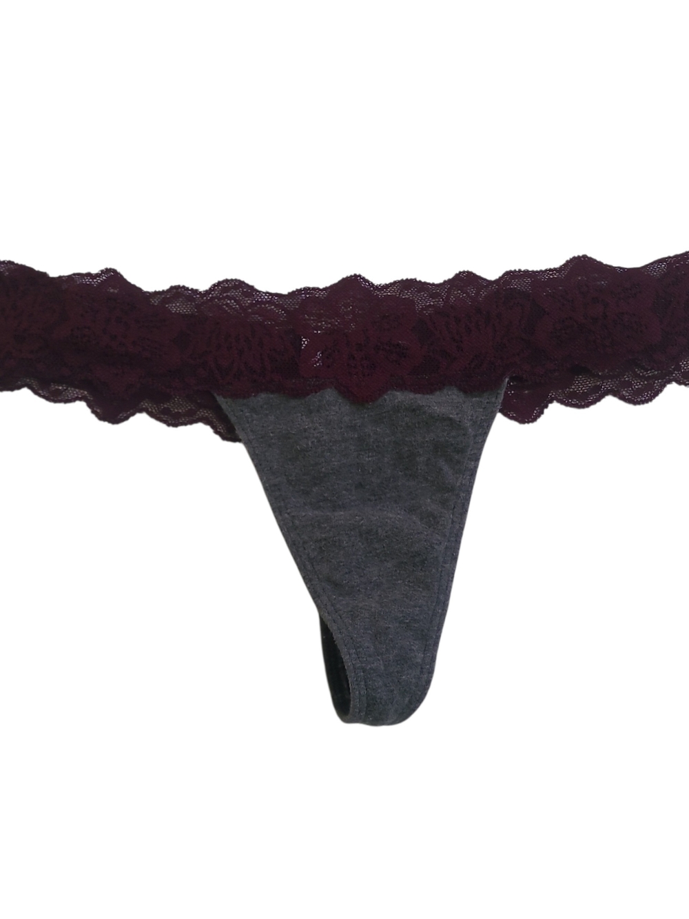 PINK Victoria's Secret Gray Cotton Thong with Deep Plum Lace Waistband